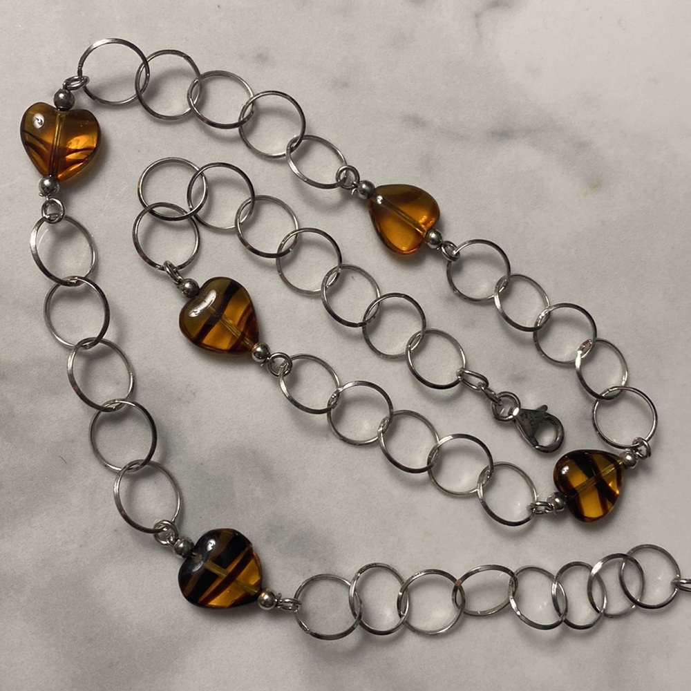Amber hearts‎ & sterling silver 18” necklace